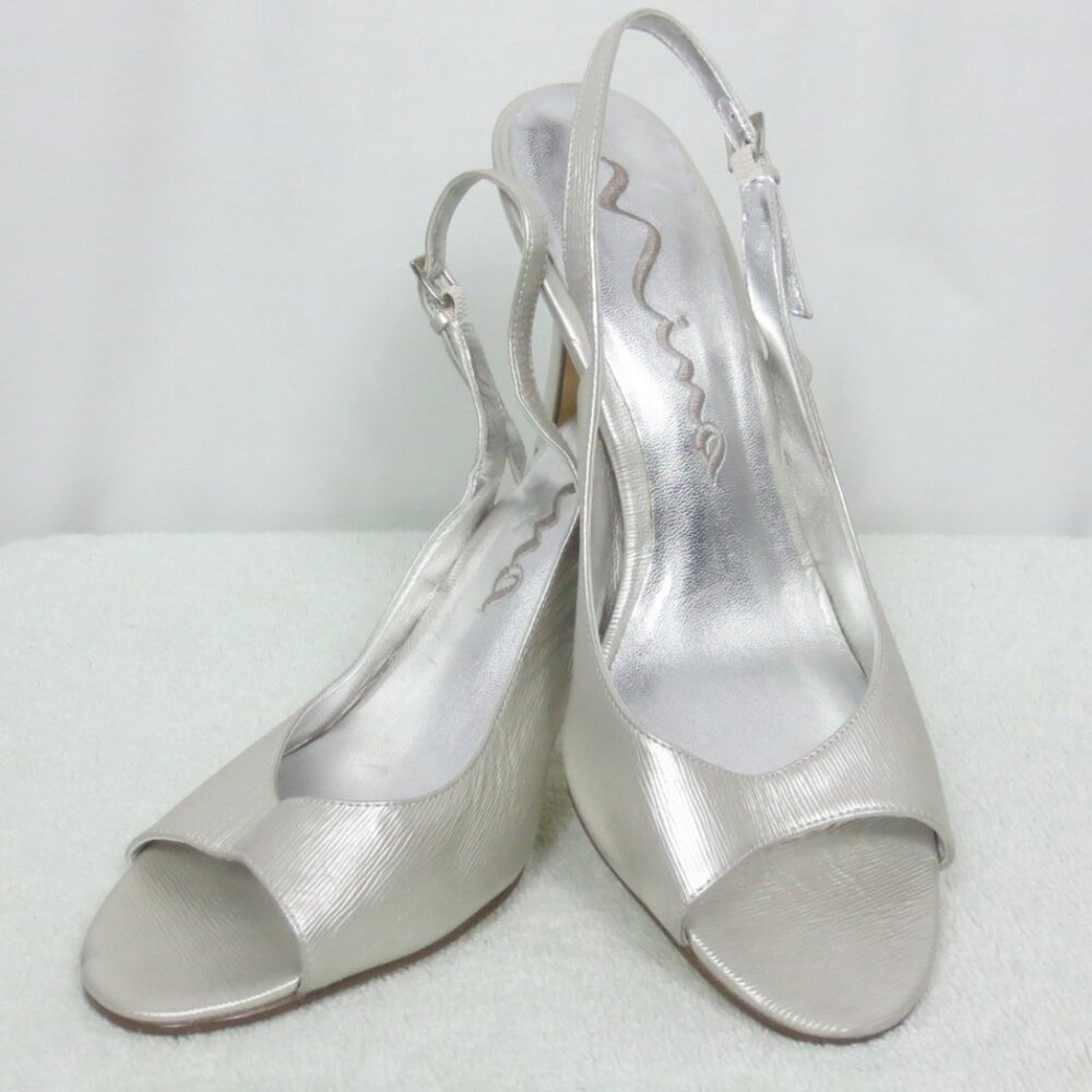 NEW Nina Shoes Metallic Silver Leather Slingback Open Toe Dressy Heels Size 9